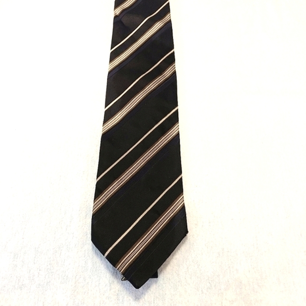 HUGO BOSS MENS 100% SKINNY SILK TIE NAVY BLUE BROWN GOLD STRIPES